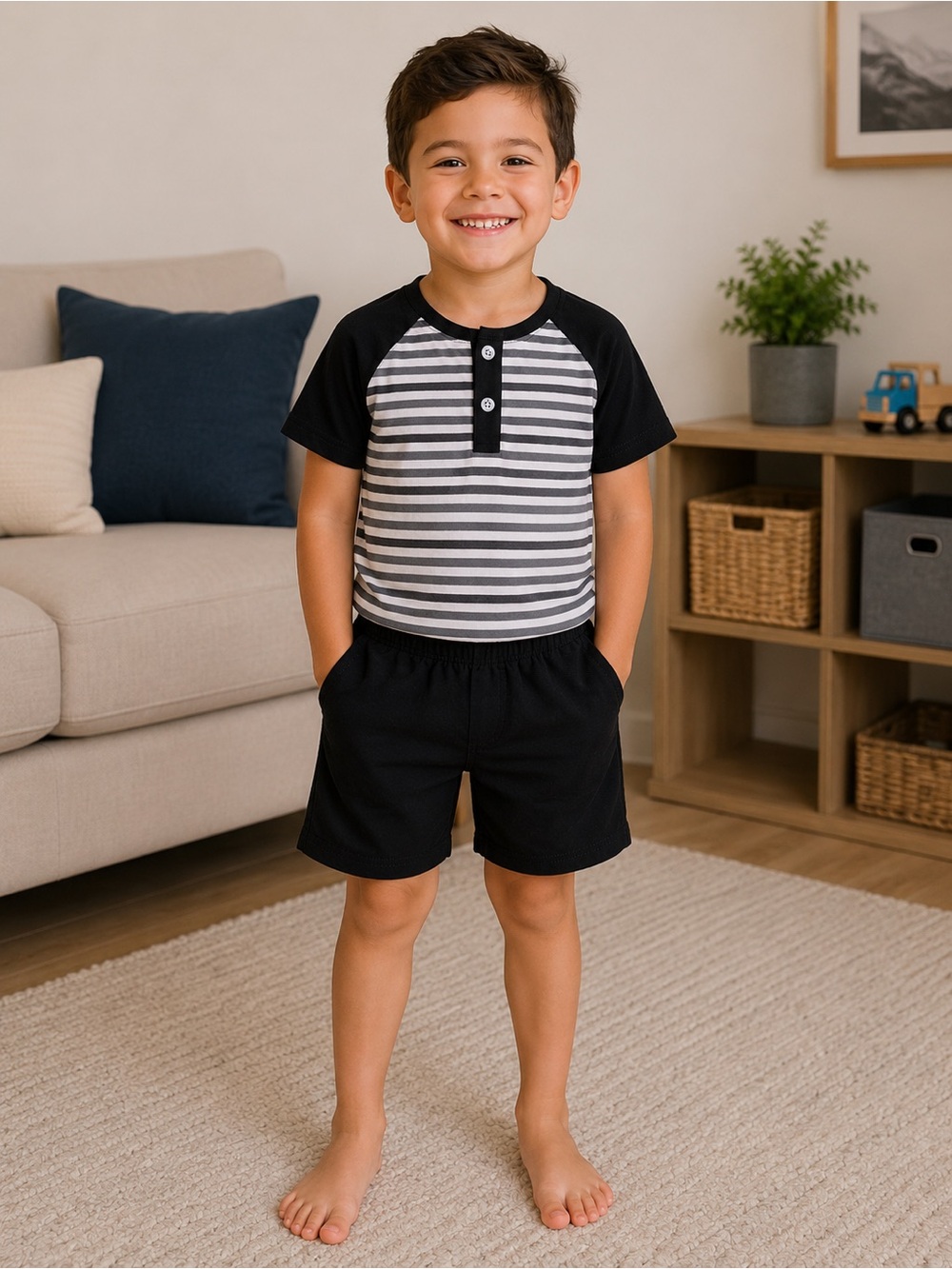 Kids Black & Gray Striped Matching Set
